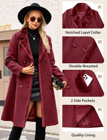 Women's Winter Coats Warm Double Breasted Pea Coat Lapel Collar Trench Coat Long Thick Slim Fit Outwear in Saudi Arabia