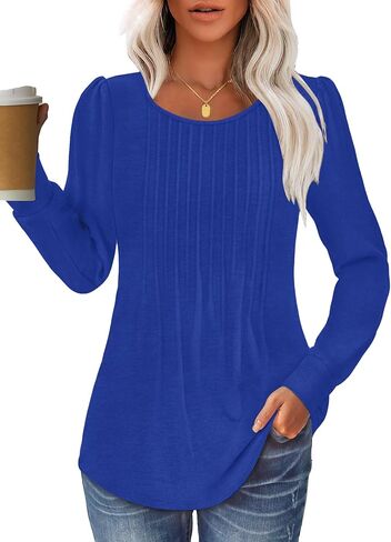 Women Long Sleeve Shirts Fall Tops Dressy Pleated Scooped Neck Tunic Tops for Leggings S-3XL in Saudi Arabia