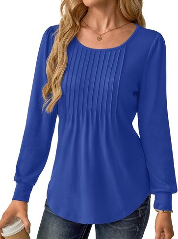 Women Long Sleeve Shirts Fall Tops Dressy Pleated Scooped Neck Tunic Tops for Leggings S-3XL in Saudi Arabia