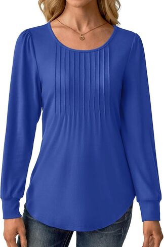 Women Long Sleeve Shirts Fall Tops Dressy Pleated Scooped Neck Tunic Tops for Leggings S-3XL in Saudi Arabia