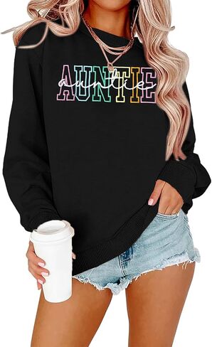 NANYUAYA Auntie Sweatshirt for Women Embroidered Cool Aunt Shirt Funny Letter Graphic Sweatshirts Long Sleeve Pullover Tops in Saudi Arabia