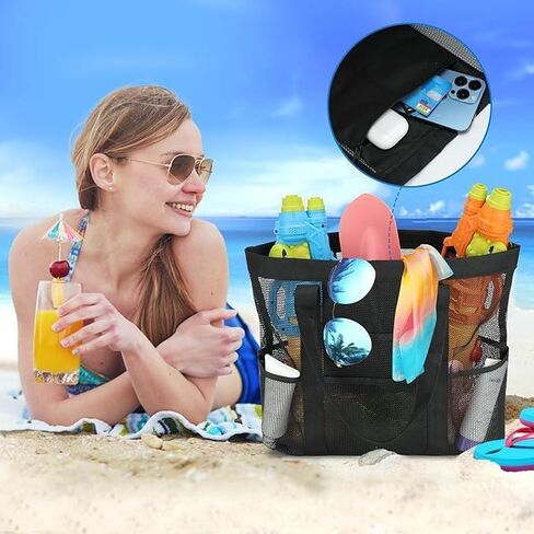 حقيبة شاطئ شبكية كبيرة، حقائب حمل الشاطئ مع 9 جيوب للعائلة in Kuwait