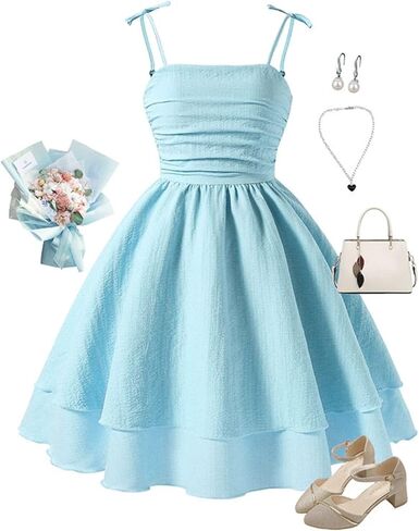 Girls Beachy High Waist Breathable Dress Soft Solid Color Sundress Dance Runched Solid Color in Saudi Arabia
