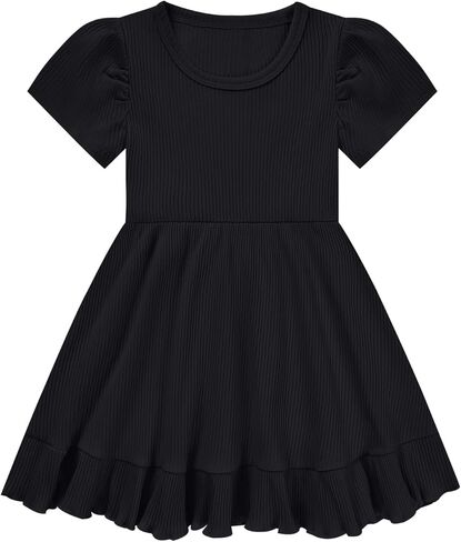 Little Girl Summer Dress Girls Puff Short Sleeve Ruffle Dress Solid Color A-Line Dresses 3-8 Years in Kuwait
