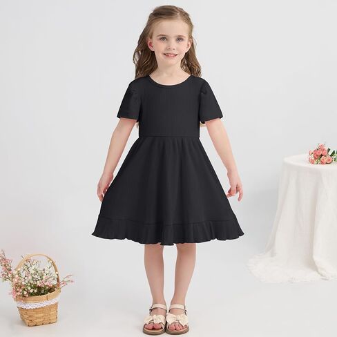 Little Girl Summer Dress Girls Puff Short Sleeve Ruffle Dress Solid Color A-Line Dresses 3-8 Years in Kuwait