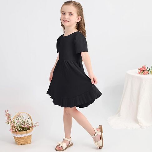 Little Girl Summer Dress Girls Puff Short Sleeve Ruffle Dress Solid Color A-Line Dresses 3-8 Years in Kuwait