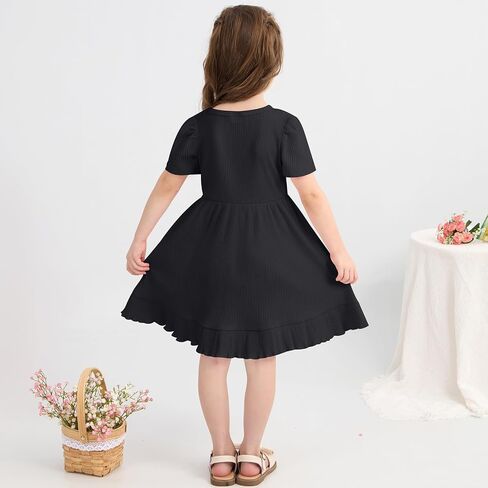 Little Girl Summer Dress Girls Puff Short Sleeve Ruffle Dress Solid Color A-Line Dresses 3-8 Years in Kuwait