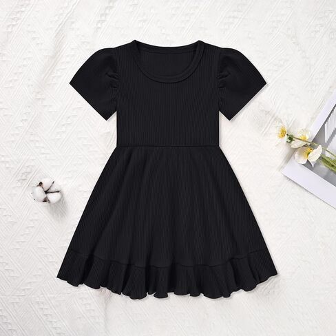 Little Girl Summer Dress Girls Puff Short Sleeve Ruffle Dress Solid Color A-Line Dresses 3-8 Years in Kuwait