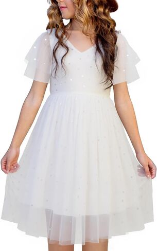 New 1-12Y Girls Tulle Dress Flutter Sleeve Sparkle Dot Soft Cotton Lined Party Summer in Saudi Arabia