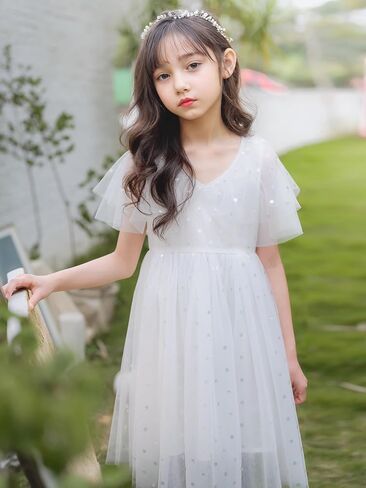 New 1-12Y Girls Tulle Dress Flutter Sleeve Sparkle Dot Soft Cotton Lined Party Summer in Saudi Arabia