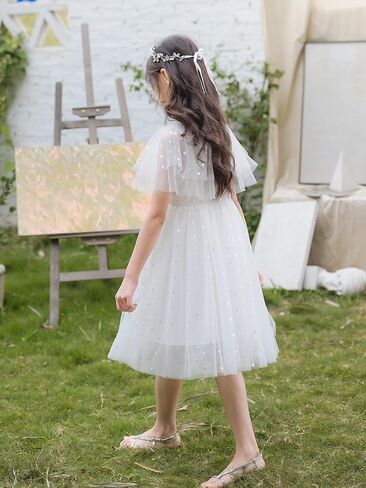 New 1-12Y Girls Tulle Dress Flutter Sleeve Sparkle Dot Soft Cotton Lined Party Summer in Saudi Arabia