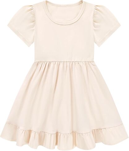 Little Girl Summer Dress Girls Puff Short Sleeve Ruffle Dress Solid Color A-Line Dresses 3-8 Years in Kuwait