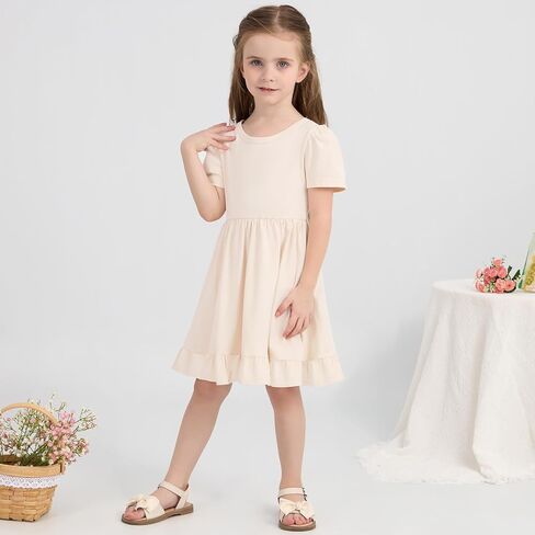 Little Girl Summer Dress Girls Puff Short Sleeve Ruffle Dress Solid Color A-Line Dresses 3-8 Years in Kuwait