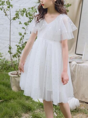 New 1-12Y Girls Tulle Dress Flutter Sleeve Sparkle Dot Soft Cotton Lined Party Summer in Saudi Arabia