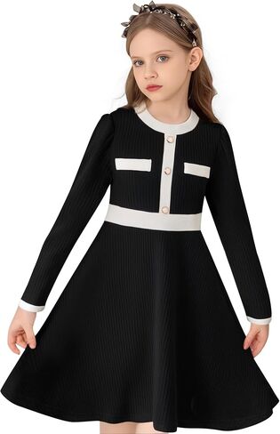 Girls Dress Fall Dress Long Sleeve Button Color Block Winter Casual Party Dresses 5-14Y in Saudi Arabia