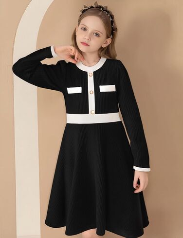 Girls Dress Fall Dress Long Sleeve Button Color Block Winter Casual Party Dresses 5-14Y in Saudi Arabia