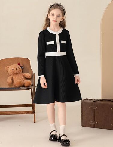 Girls Dress Fall Dress Long Sleeve Button Color Block Winter Casual Party Dresses 5-14Y in Saudi Arabia