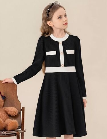 Girls Dress Fall Dress Long Sleeve Button Color Block Winter Casual Party Dresses 5-14Y in Saudi Arabia
