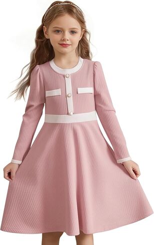 Girls Dress Fall Dress Long Sleeve Button Color Block Winter Casual Party Dresses 5-14Y in Saudi Arabia