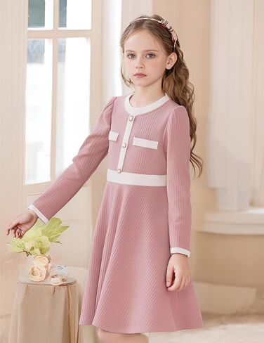 Girls Dress Fall Dress Long Sleeve Button Color Block Winter Casual Party Dresses 5-14Y in Saudi Arabia