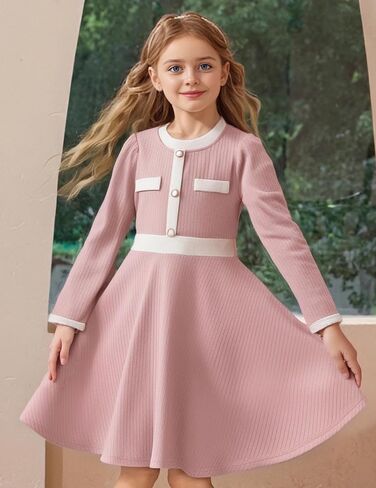 Girls Dress Fall Dress Long Sleeve Button Color Block Winter Casual Party Dresses 5-14Y in Saudi Arabia