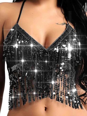 Twinklede الترتر شرابة قمم الرقص الشرقي أعلى Strappy الرسن الصدرية أعلى عارية الذراعين المحاصيل أعلى حزب Dacne زي سترة للنساء (الذهب) in Kuwait