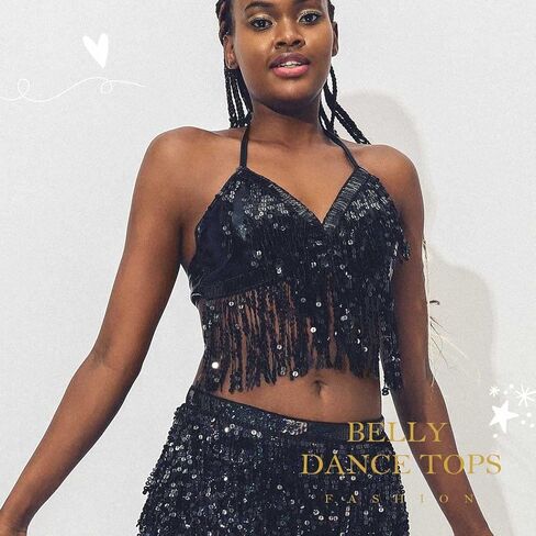 Twinklede الترتر شرابة قمم الرقص الشرقي أعلى Strappy الرسن الصدرية أعلى عارية الذراعين المحاصيل أعلى حزب Dacne زي سترة للنساء (الذهب) in Kuwait