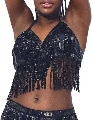 Twinklede الترتر شرابة قمم الرقص الشرقي أعلى Strappy الرسن الصدرية أعلى عارية الذراعين المحاصيل أعلى حزب Dacne زي سترة للنساء (الذهب) in Kuwait