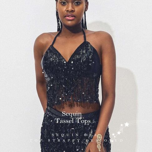 Twinklede الترتر شرابة قمم الرقص الشرقي أعلى Strappy الرسن الصدرية أعلى عارية الذراعين المحاصيل أعلى حزب Dacne زي سترة للنساء (الذهب) in Kuwait