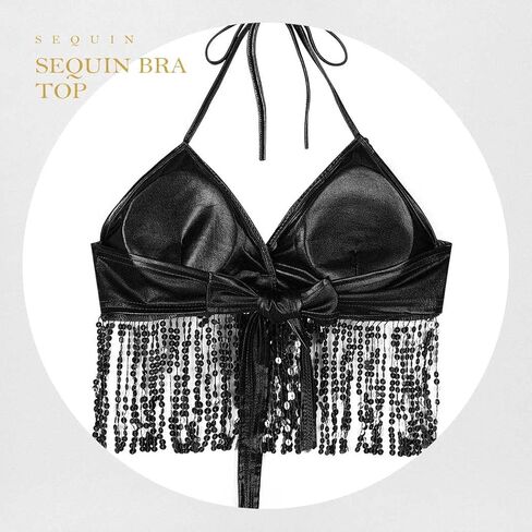 Twinklede الترتر شرابة قمم الرقص الشرقي أعلى Strappy الرسن الصدرية أعلى عارية الذراعين المحاصيل أعلى حزب Dacne زي سترة للنساء (الذهب) in Kuwait