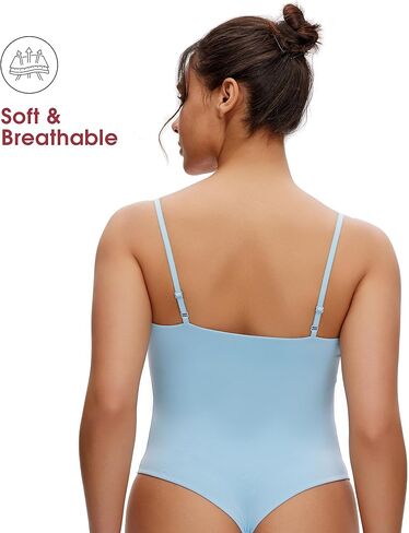 NANJI Spaghetti Straps Bodysuit for Women - Slim Fit Scoop Neck Thong Body Suit, Stretch Double Lined Tops, Casual Going Out in Kuwait