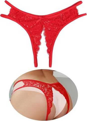Lace Crotchless Panties Womens Floral Sexy Thong with Cute Bow Underwear for Women Plus Size S-2XL in Kuwait