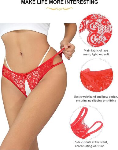Lace Crotchless Panties Womens Floral Sexy Thong with Cute Bow Underwear for Women Plus Size S-2XL in Kuwait