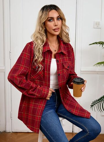 قميص Shawnda النسائي المصقول من الفلانيل بأكمام طويلة من القطن وأزرار سفلية منقوشة مع جيب in Saudi Arabia