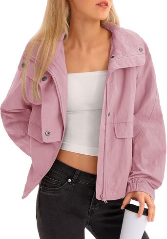 سترة Fisoew النسائية المقصوصة بسحاب وياقة واقفة خفيفة الوزن ونشطة في الهواء الطلق مع جيب in Kuwait