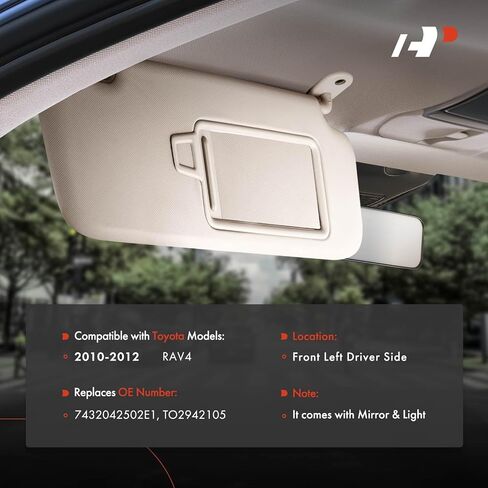 واقي الشمس من الجانب الأيسر للسائق من A-Premium متوافق مع Toyota RAV4 2010 2011 2012 - مع ضوء الزينة، مع مرآة الزينة، مع امتداد حاجب الشمس المنزلق، اللون البيج - يستبدل 7432042502E1 in Saudi Arabia