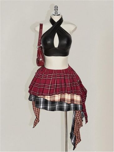 SweatyRocks Women's Plus Size Y2K High Waist Ruffle Pleated Asymmetrical High Low Plaid Mini Short Skirts in Saudi Arabia