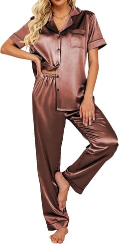 Ekouaer Silk Satin Pajamas Set Women Short Sleeve Sleepwear Soft Button Down Loungewear Pjs Set in Saudi Arabia