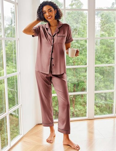 Ekouaer Silk Satin Pajamas Set Women Short Sleeve Sleepwear Soft Button Down Loungewear Pjs Set in Saudi Arabia