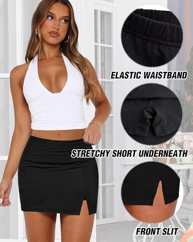 Women's Black Mini Skirt Side Slit High Waisted Stretchy Bodycon Skort 2025 Y2K Club Skirts with Underneath in Saudi Arabia