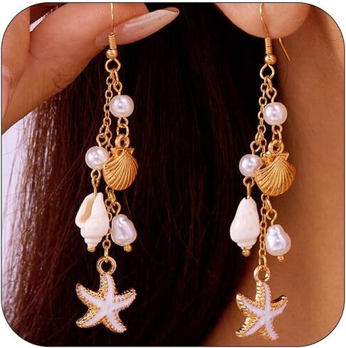 Boho Cute Seashell Starfish Conch Drop Dangle Earrings for Women, Charm Small Sea Shell Pearl Long Dangling Earrings Beach Holiday Party Jewelry Gifts in Saudi Arabia