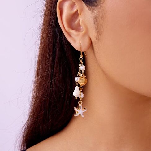 Boho Cute Seashell Starfish Conch Drop Dangle Earrings for Women, Charm Small Sea Shell Pearl Long Dangling Earrings Beach Holiday Party Jewelry Gifts in Saudi Arabia