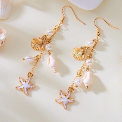 Boho Cute Seashell Starfish Conch Drop Dangle Earrings for Women, Charm Small Sea Shell Pearl Long Dangling Earrings Beach Holiday Party Jewelry Gifts in Saudi Arabia