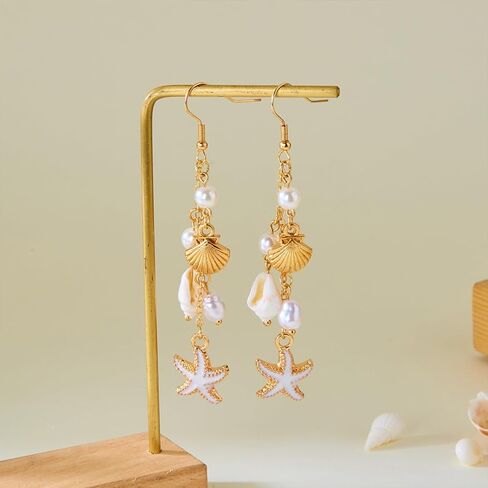 Boho Cute Seashell Starfish Conch Drop Dangle Earrings for Women, Charm Small Sea Shell Pearl Long Dangling Earrings Beach Holiday Party Jewelry Gifts in Saudi Arabia