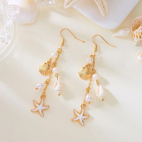 Boho Cute Seashell Starfish Conch Drop Dangle Earrings for Women, Charm Small Sea Shell Pearl Long Dangling Earrings Beach Holiday Party Jewelry Gifts in Saudi Arabia