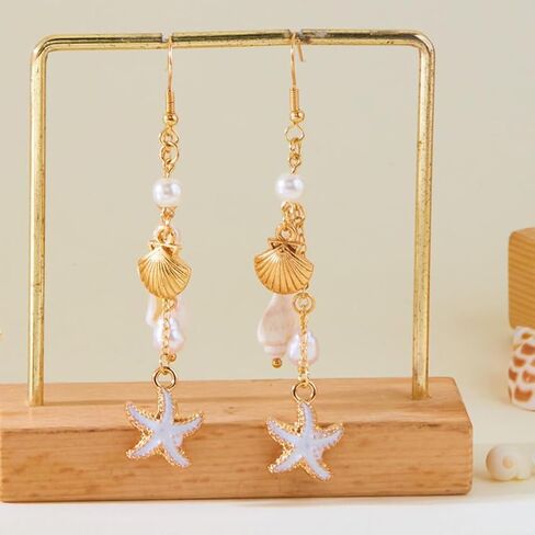 Boho Cute Seashell Starfish Conch Drop Dangle Earrings for Women, Charm Small Sea Shell Pearl Long Dangling Earrings Beach Holiday Party Jewelry Gifts in Saudi Arabia