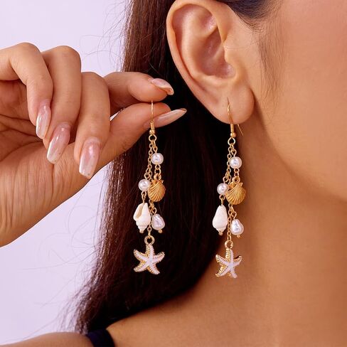 Boho Cute Seashell Starfish Conch Drop Dangle Earrings for Women, Charm Small Sea Shell Pearl Long Dangling Earrings Beach Holiday Party Jewelry Gifts in Saudi Arabia