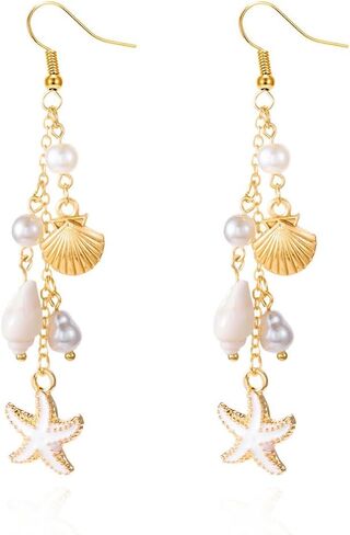 Boho Cute Seashell Starfish Conch Drop Dangle Earrings for Women, Charm Small Sea Shell Pearl Long Dangling Earrings Beach Holiday Party Jewelry Gifts in Saudi Arabia