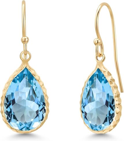 Gem Stone King 14K Yellow Gold Swiss Blue Topaz Drop Dangle French Wire Earrings For Women | 7.00 Cttw | Gemstone Birthstone | Pear Shape 12X8MM in Saudi Arabia