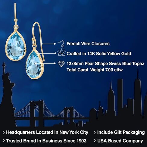 Gem Stone King 14K Yellow Gold Swiss Blue Topaz Drop Dangle French Wire Earrings For Women | 7.00 Cttw | Gemstone Birthstone | Pear Shape 12X8MM in Saudi Arabia